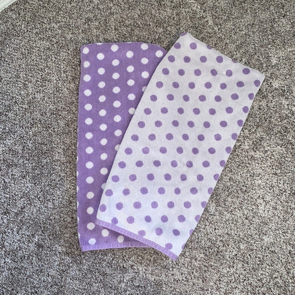 Kids purple and white, polka dot towels (2)